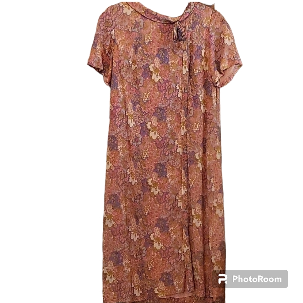 Vintage 70s Paisley Short Sleeve Neck Bow Pink  Dress Size M